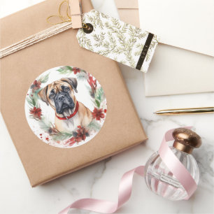 Bullmastiff Christmas Wreath Festive Pup  Classic Round Sticker