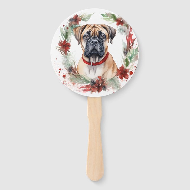 Bullmastiff Christmas Wreath Festive Pup  Hand Fan (Front)