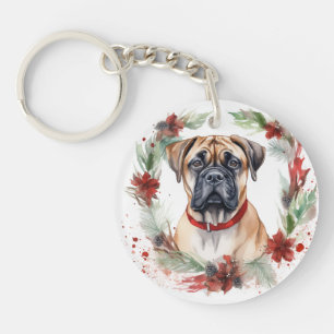 Bullmastiff Christmas Wreath Festive Pup  Key Ring