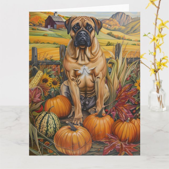 Bullmastiff Dog Autumn Harvest Thanksgiving Card (Yellow Flower)