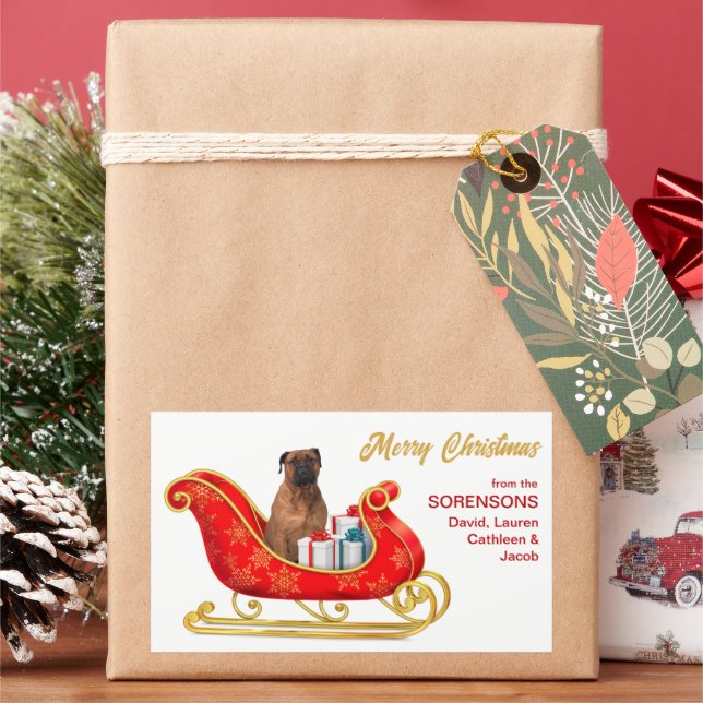 Bullmastiff Dog Christmas Sleigh Rectangular Sticker (Holiday)