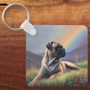 Bullmastiff Dog Custom Name Rainbow Art Memorial Key Ring