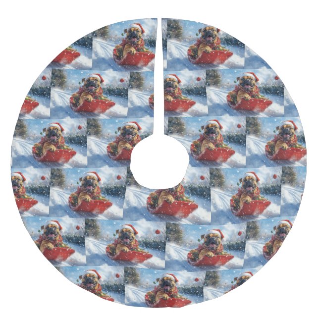 Bullmastiff Dog in Sledge Let it Snow Christmas Brushed Polyester Tree Skirt (Front)