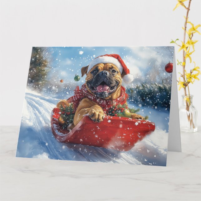 Bullmastiff Dog in Sledge Let it Snow Christmas Card (Yellow Flower)