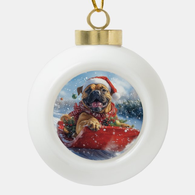Bullmastiff Dog in Sledge Let it Snow Christmas Ceramic Ball Christmas Ornament (Front)
