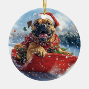 Bullmastiff Dog in Sledge Let it Snow Christmas Ceramic Tree Decoration