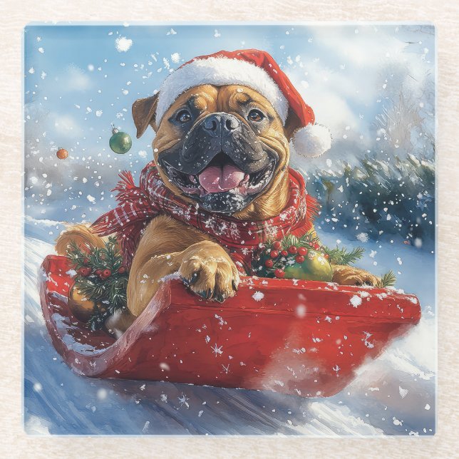 Bullmastiff Dog in Sledge Let it Snow Christmas Glass Coaster (Front)