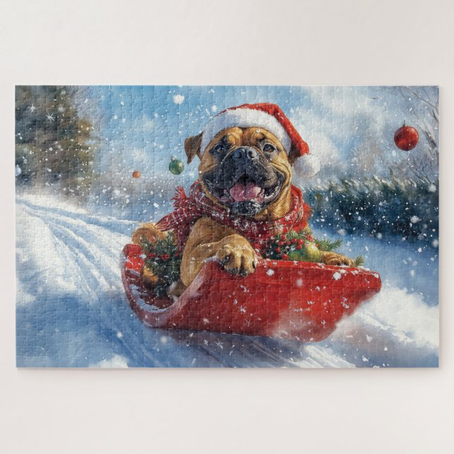 Bullmastiff Dog in Sledge Let it Snow Christmas Jigsaw Puzzle (Horizontal)
