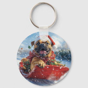 Bullmastiff Dog in Sledge Let it Snow Christmas Key Ring