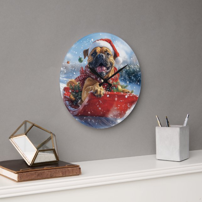Bullmastiff Dog in Sledge Let it Snow Christmas Large Clock (Office)