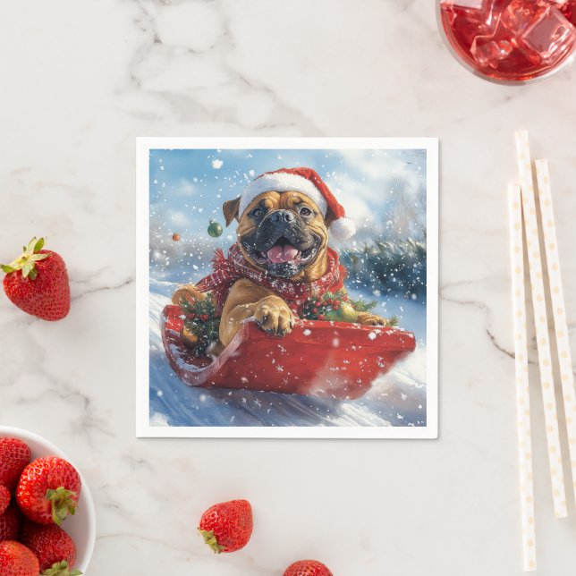 Bullmastiff Dog in Sledge Let it Snow Christmas Napkin (Insitu)