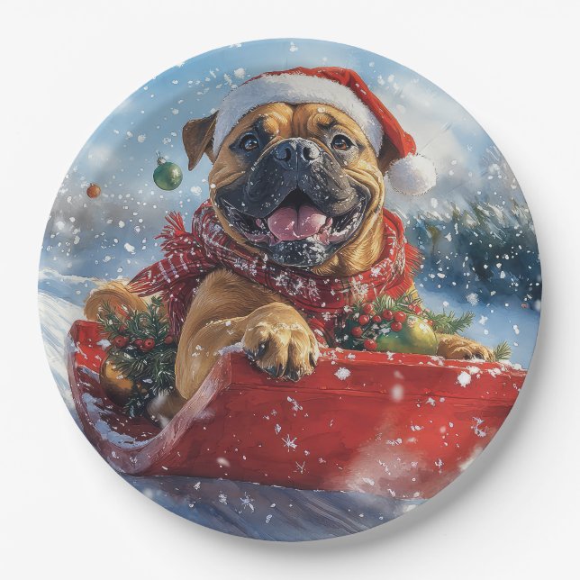 Bullmastiff Dog in Sledge Let it Snow Christmas Paper Plate (Front)