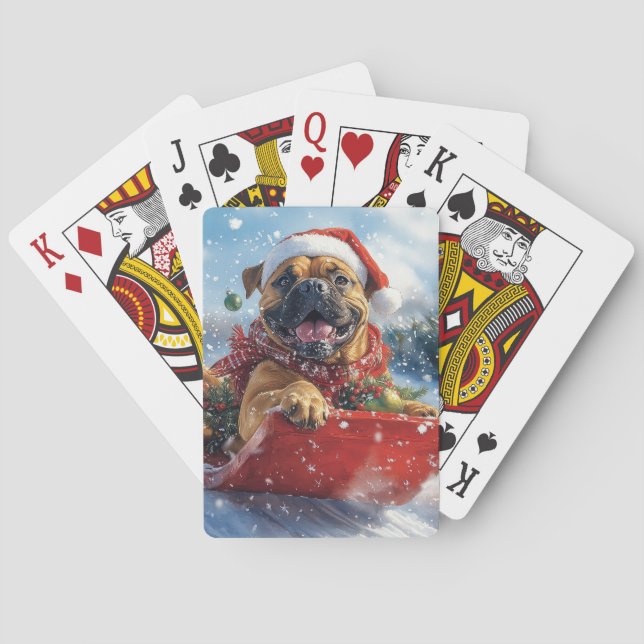 Bullmastiff Dog in Sledge Let it Snow Christmas Playing Cards (Back)