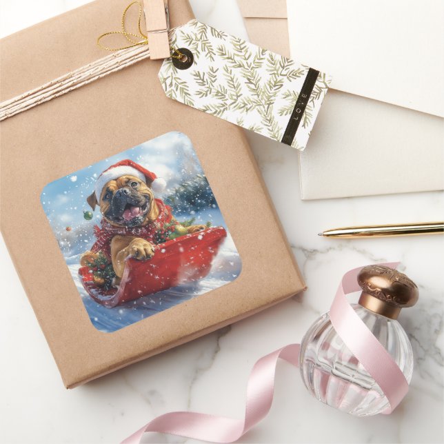 Bullmastiff Dog in Sledge Let it Snow Christmas Square Sticker (Gifting)
