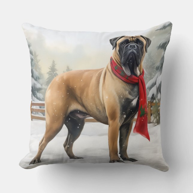 Bullmastiff Dog in Snow Christmas Cushion (Front)