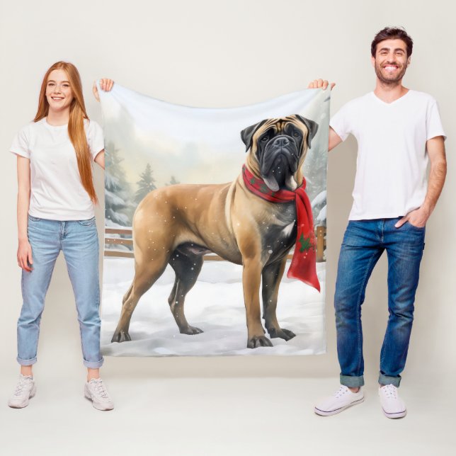 Bullmastiff Dog in Snow Christmas Fleece Blanket (In Situ)