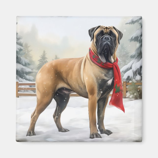 Bullmastiff Dog in Snow Christmas Magnet (Front)