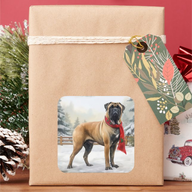 Bullmastiff Dog in Snow Christmas Square Sticker (Holiday)