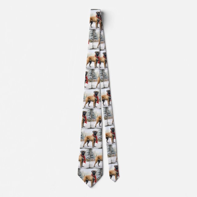 Bullmastiff Dog in Snow Christmas Tie (Front)
