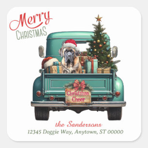 Bullmastiff Dog Retro Truck Christmas Square Sticker