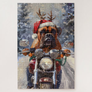 Bullmastiff Dog Riding Motorcycle Christmas Jigsaw Puzzle