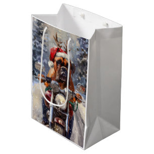 Bullmastiff Dog Riding Motorcycle Christmas  Medium Gift Bag