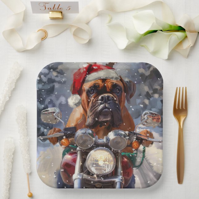 Bullmastiff Dog Riding Motorcycle Christmas  Paper Plate (Wedding)