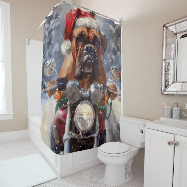 Bullmastiff Dog Riding Motorcycle Christmas  Shower Curtain (In Situ)