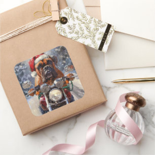 Bullmastiff Dog Riding Motorcycle Christmas  Square Sticker