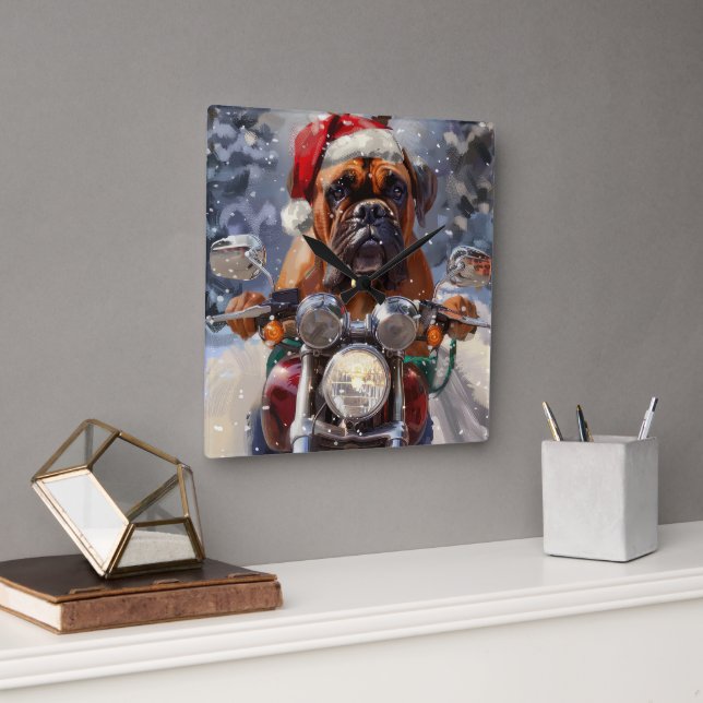 Bullmastiff Dog Riding Motorcycle Christmas  Square Wall Clock (Office)