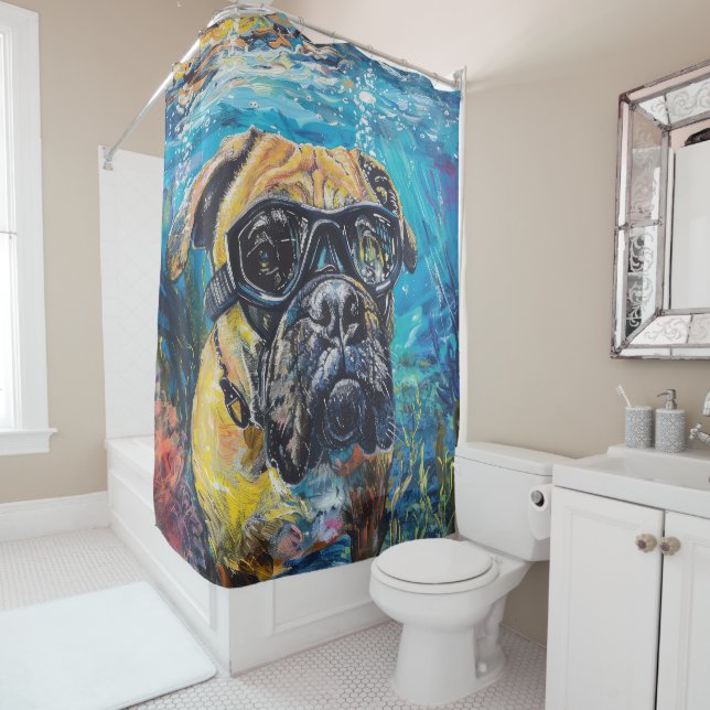 Bullmastiff Dog Scuba Diving Underwater Shower Curtain (In Situ)