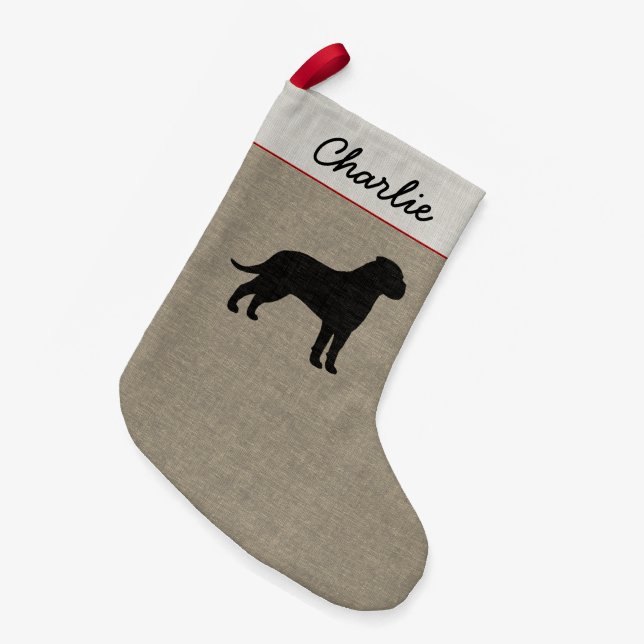 Bullmastiff Dog Silhouette Faux Linen Holiday Small Christmas Stocking (Front (Hanging))