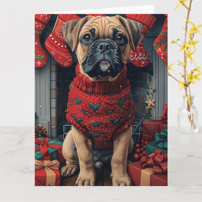 Bullmastiff Dog with Christmas Gifts Fireplace Card (Yellow Flower)
