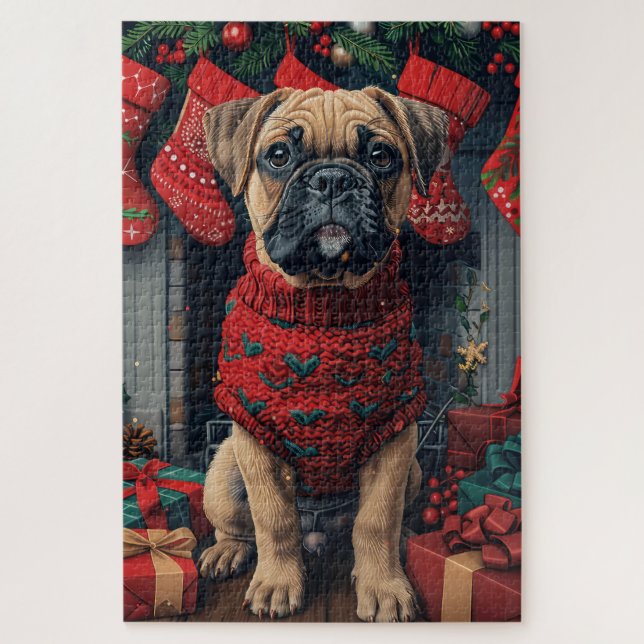 Bullmastiff Dog with Christmas Gifts Fireplace Jigsaw Puzzle (Vertical)