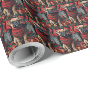 Bullmastiff Dog with Christmas Gifts Fireplace Wrapping Paper