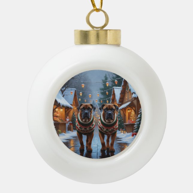 Bullmastiff Dogs Christmas Snow Holiday  Ceramic Ball Christmas Ornament (Front)