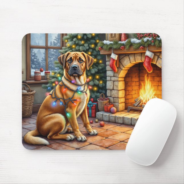 Bullmastiff Fireplace with Christmas Lights Mouse Mat (With Mouse)