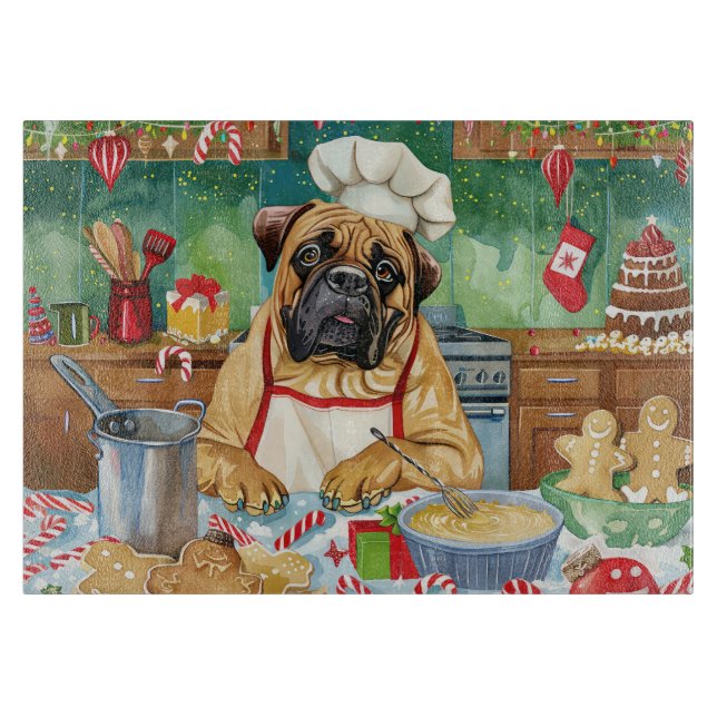 Bullmastiff Holiday Baking: Festive Christmas Cutting Board (Front)