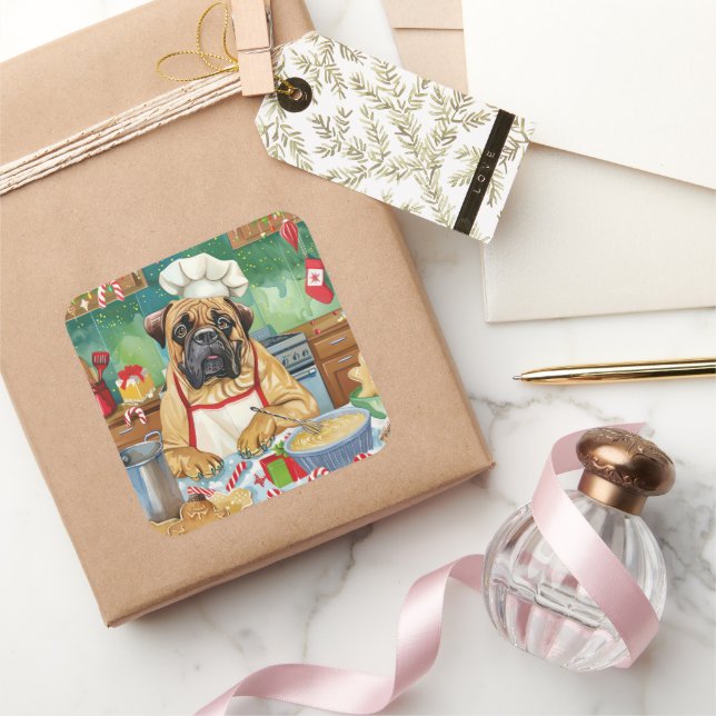 Bullmastiff Holiday Baking: Festive Christmas Square Sticker (Gifting)