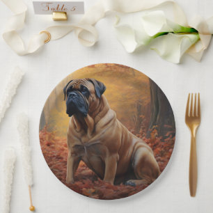 Bullmastiff  in Autumn Leaves Fall Inspire Paper Plate