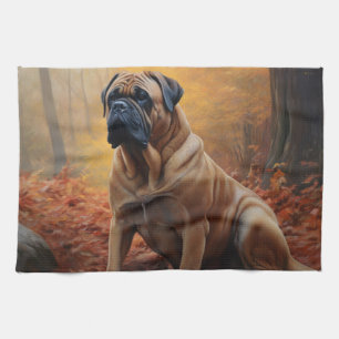 Bullmastiff  in Autumn Leaves Fall Inspire Tea Towel