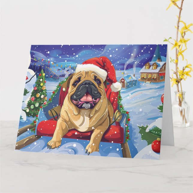 Bullmastiff in Sleigh Snow Christmas Card (Yellow Flower)