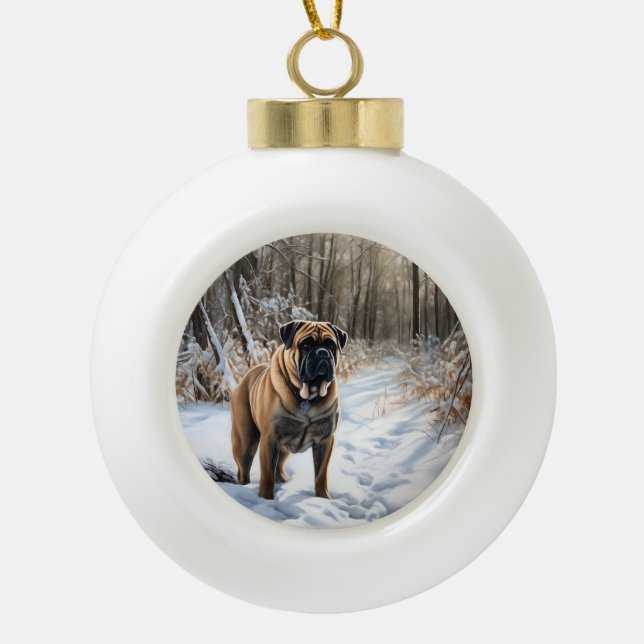 Bullmastiff Let It Snow Christmas Ceramic Ball Christmas Ornament (Front)
