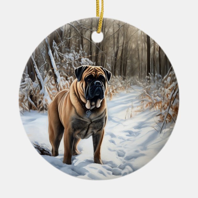 Bullmastiff Let It Snow Christmas Ceramic Tree Decoration (Front)