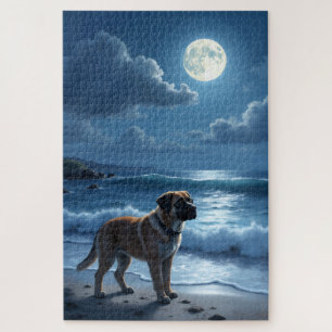 Bullmastiff Moonlight Beach Scene Jigsaw Puzzle