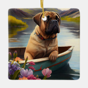 Bullmastiff on a Paddle: A Scenic Adventure Ceramic Ornament