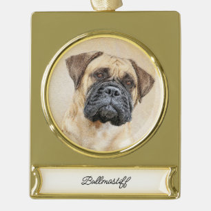 Bullmastiff Painting - Cute Original Dog Art Gold Plated Banner Ornament
