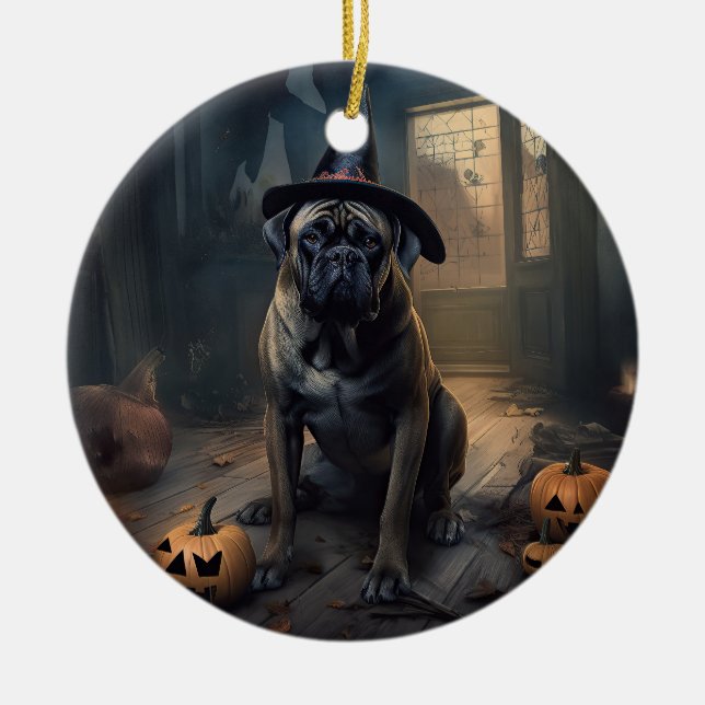 Bullmastiff Pumpkins Halloween Scary  Ceramic Tree Decoration (Front)