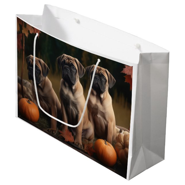 Bullmastiff  Puppy Autumn Delight Pumpkin Large Gift Bag (Front Angled)