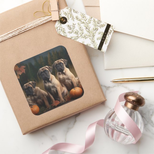 Bullmastiff  Puppy Autumn Delight Pumpkin Square Sticker (Gifting)